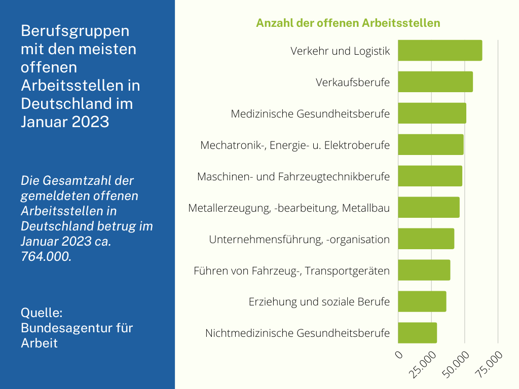 Fachkräftemangel - Berufsgruppen mit den meisten offenen Arbeitsstellen in Deutschland im Januar 2023